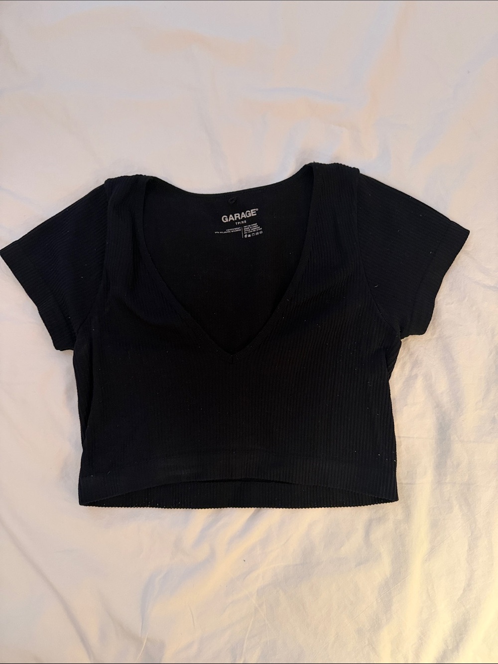Garage Black Ribbed V-Neck Short Sleeve Crop Top